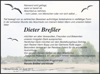 Traueranzeige von Dieter Breßler von Haff-Zeitung