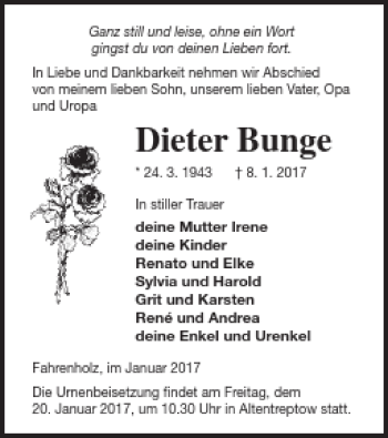 Traueranzeige von Dieter Bunge von Neubrandenburger Zeitung