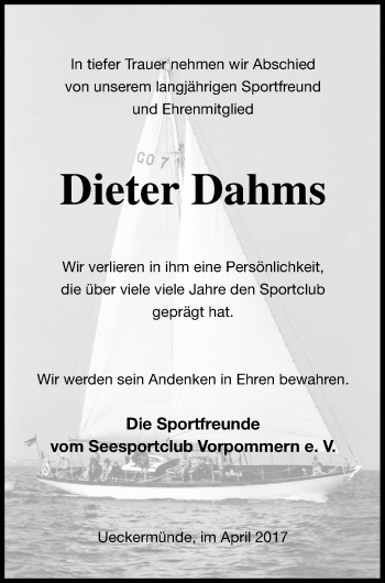 Traueranzeige von Dieter Dahms von Haff-Zeitung