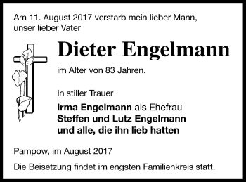 Traueranzeige von Dieter Engelmann von Mecklenburger Schweiz