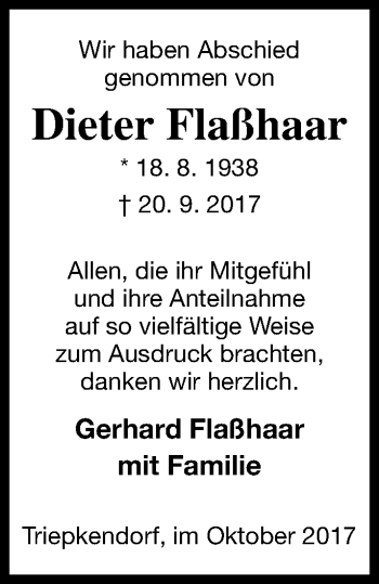 Traueranzeige von Dieter Flaßhaar von Strelitzer Zeitung