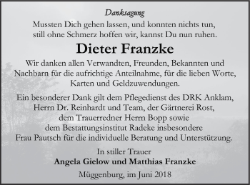 Traueranzeige von Dieter Franzke von Vorpommern Kurier