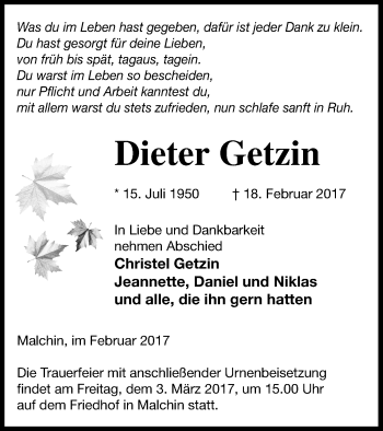 Traueranzeige von Dieter Getzin von Mecklenburger Schweiz