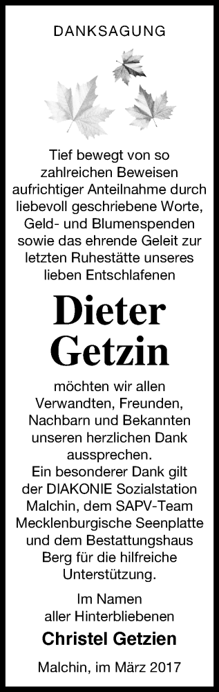 Traueranzeige von Dieter Getzin von Mecklenburger Schweiz