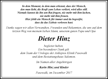 Traueranzeige von Dieter Hinz von Pasewalker Zeitung