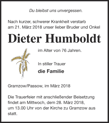 Traueranzeige von Dieter Humboldt von Prenzlauer Zeitung