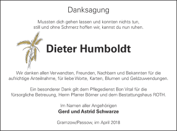 Traueranzeige von Dieter Humboldt von Prenzlauer Zeitung