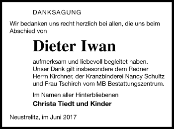 Traueranzeige von Dieter Iwan von Strelitzer Zeitung