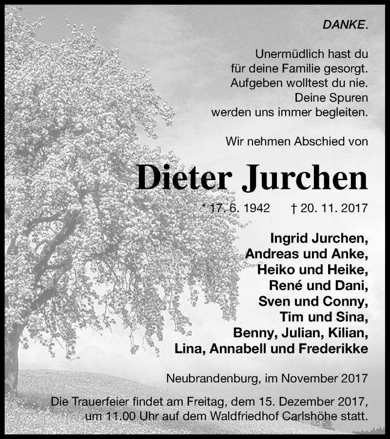  Traueranzeige für Dieter Jurchen vom 24.11.2017 aus Neubrandenburger Zeitung
