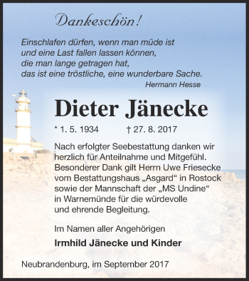 Traueranzeige von Dieter Jänecke von Neubrandenburger Zeitung