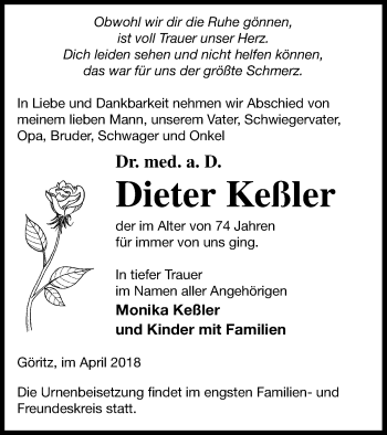 Traueranzeige von Dieter Keßler von Neubrandenburger Zeitung