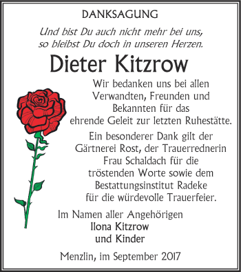 Traueranzeige von Dieter Kitzrow von Vorpommern Kurier