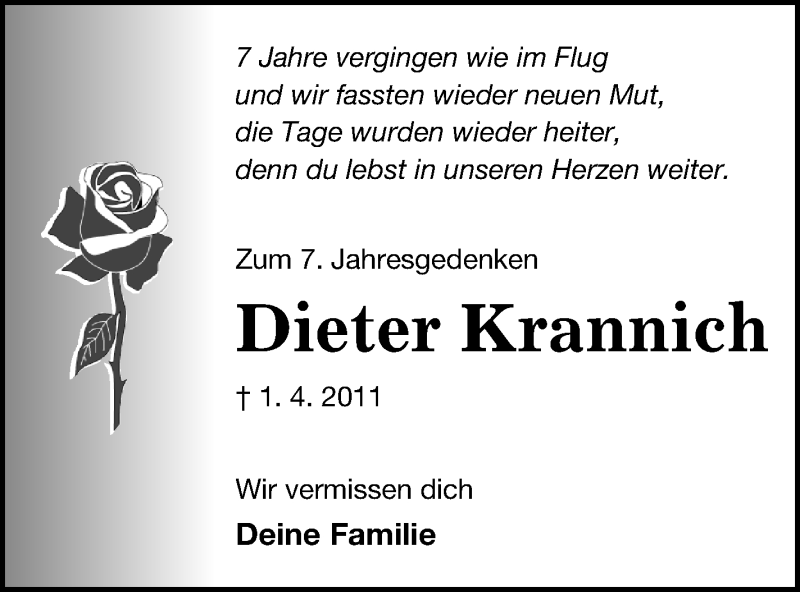  Traueranzeige für Dieter Krannich vom 31.03.2018 aus Pasewalker Zeitung