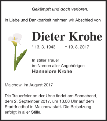 Traueranzeige von Dieter Krohe von Müritz-Zeitung