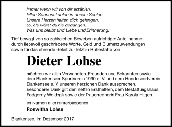 Traueranzeige von Dieter Lohse von Strelitzer Zeitung