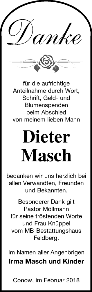 Traueranzeige von Dieter Masch von Strelitzer Zeitung