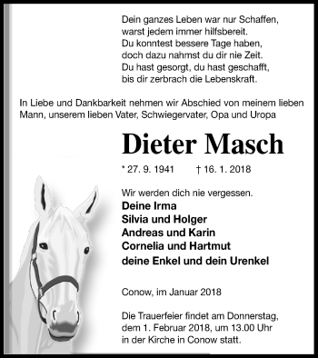 Traueranzeige von Dieter Masch von Strelitzer Zeitung