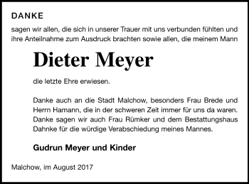 Traueranzeige von Dieter Meyer von Müritz-Zeitung