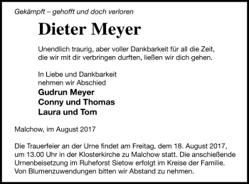 Traueranzeige von Dieter Meyer von Müritz-Zeitung