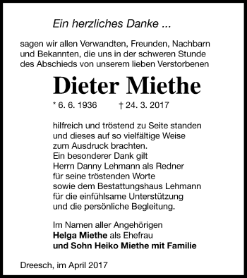 Traueranzeige von Dieter Miethe von Prenzlauer Zeitung