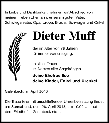 Traueranzeige von Dieter Muff von Mecklenburger Schweiz