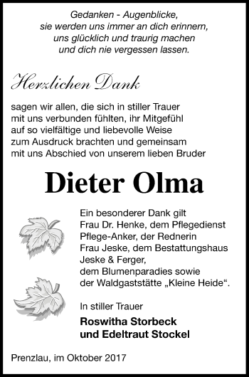 Traueranzeige von Dieter Olma von Prenzlauer Zeitung