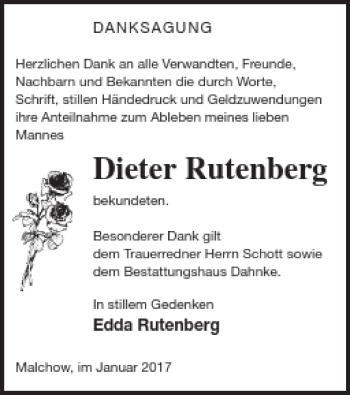 Traueranzeige von Dieter Rutenberg von Müritz-Zeitung