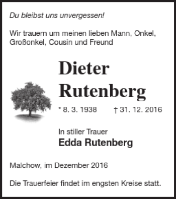 Traueranzeige von Dieter Rutenberg von Müritz-Zeitung