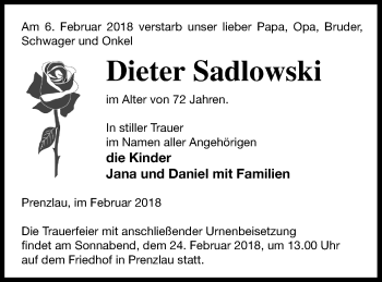 Traueranzeige von Dieter Sadlowski von Prenzlauer Zeitung