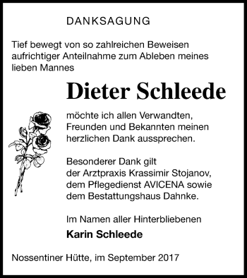 Traueranzeige von Dieter Schleede von Müritz-Zeitung