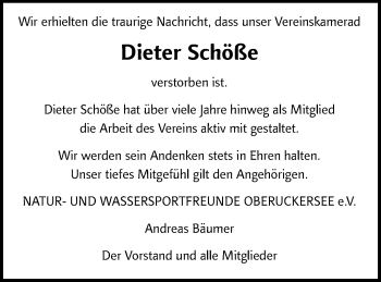 Traueranzeige von Dieter Schöße von Uckermark Kombination