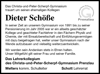 Traueranzeige von Dieter Schöße von Prenzlauer Zeitung