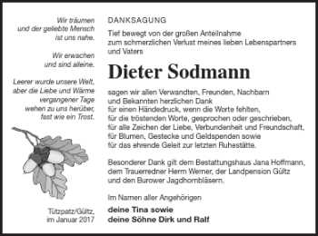 Traueranzeige von Dieter Sodmann von Neubrandenburger Zeitung