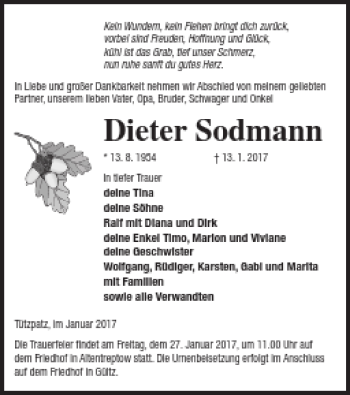 Traueranzeige von Dieter Sodmann von Neubrandenburger Zeitung