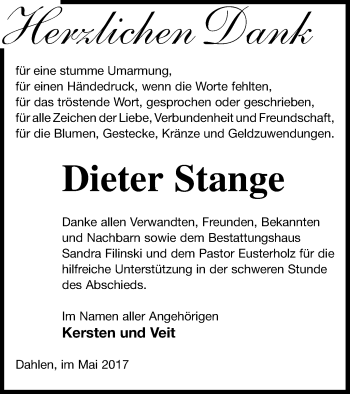 Traueranzeige von Dieter Stange von Neubrandenburger Zeitung