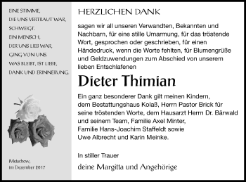 Traueranzeige von Dieter Thimian von Demminer Zeitung