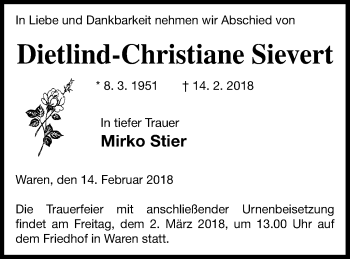 Traueranzeige von Dietlind-Christiane Sievert von Müritz-Zeitung