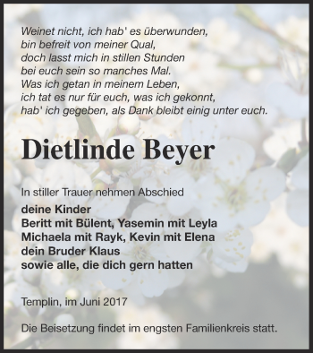 Traueranzeige von Dietlinde Beyer von Templiner Zeitung