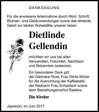 Traueranzeige von Dietlinde Gellendin von Vorpommern Kurier