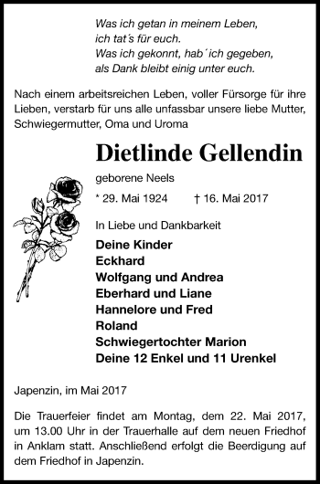 Traueranzeige von Dietlinde Gellendin von Vorpommern Kurier