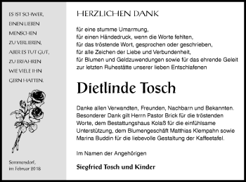 Traueranzeige von Dietlinde Tosch von Demminer Zeitung