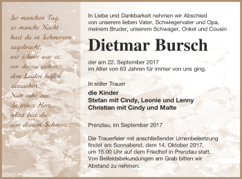 Traueranzeige von Dietmar Bursch von Prenzlauer Zeitung