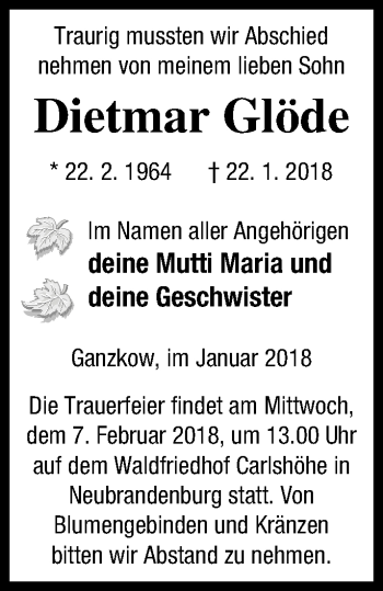 Traueranzeige von Dietmar Glöde von Neubrandenburger Zeitung