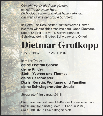 Traueranzeige von Dietmar Grotkopp von Mecklenburger Schweiz