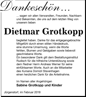 Traueranzeige von Dietmar Grotkopp von Mecklenburger Schweiz