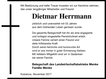 Traueranzeige von Dietmar Herrmann von Prenzlauer Zeitung