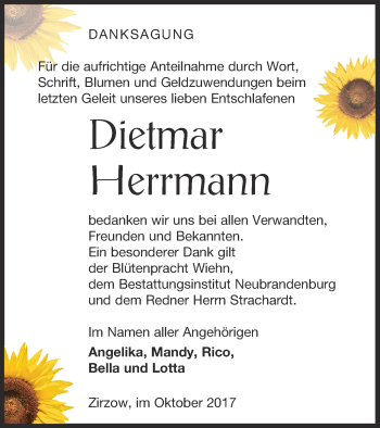 Traueranzeige von Dietmar Herrmann von Neubrandenburger Zeitung