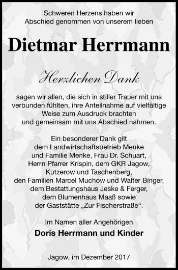 Traueranzeige von Dietmar Herrmann von Prenzlauer Zeitung