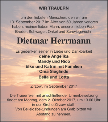 Traueranzeige von Dietmar Herrmann von Neubrandenburger Zeitung