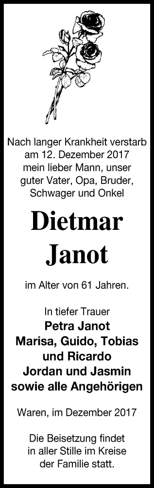 Traueranzeige von Dietmar Janot von Müritz-Zeitung